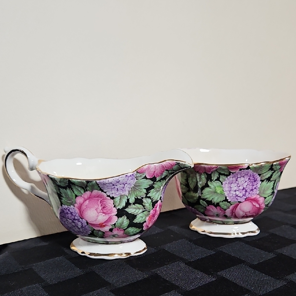 James Kent Staffordshire Old Foley Tapestry #5615 Footed Creamer & Sugar